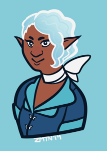 a portrait of a dark skinned woman with magical blue hair, a blue 20s dress, and pointed elf ears