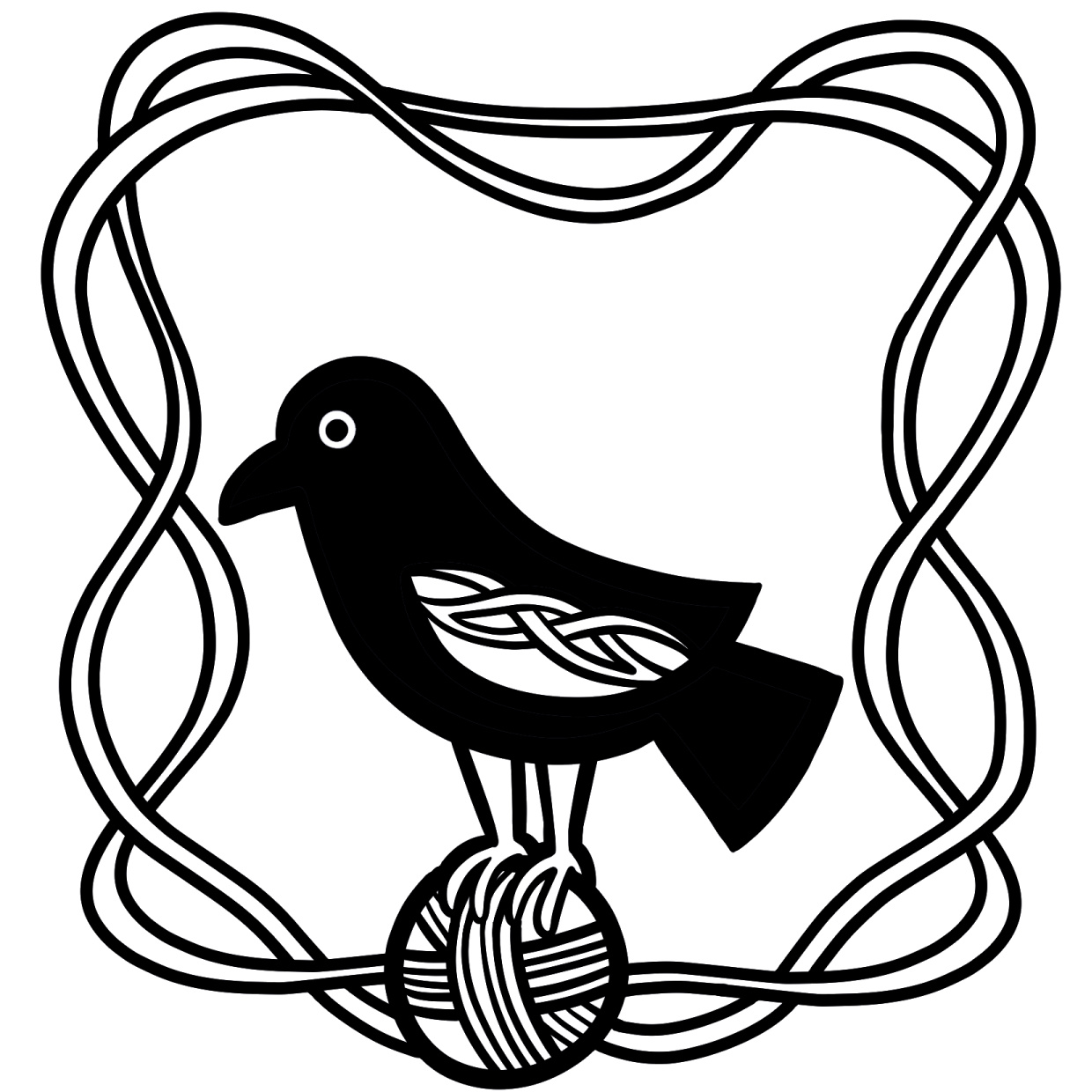 A celtic inspired illustration of a crow on a ball of yarn surrounded by braided yarn.