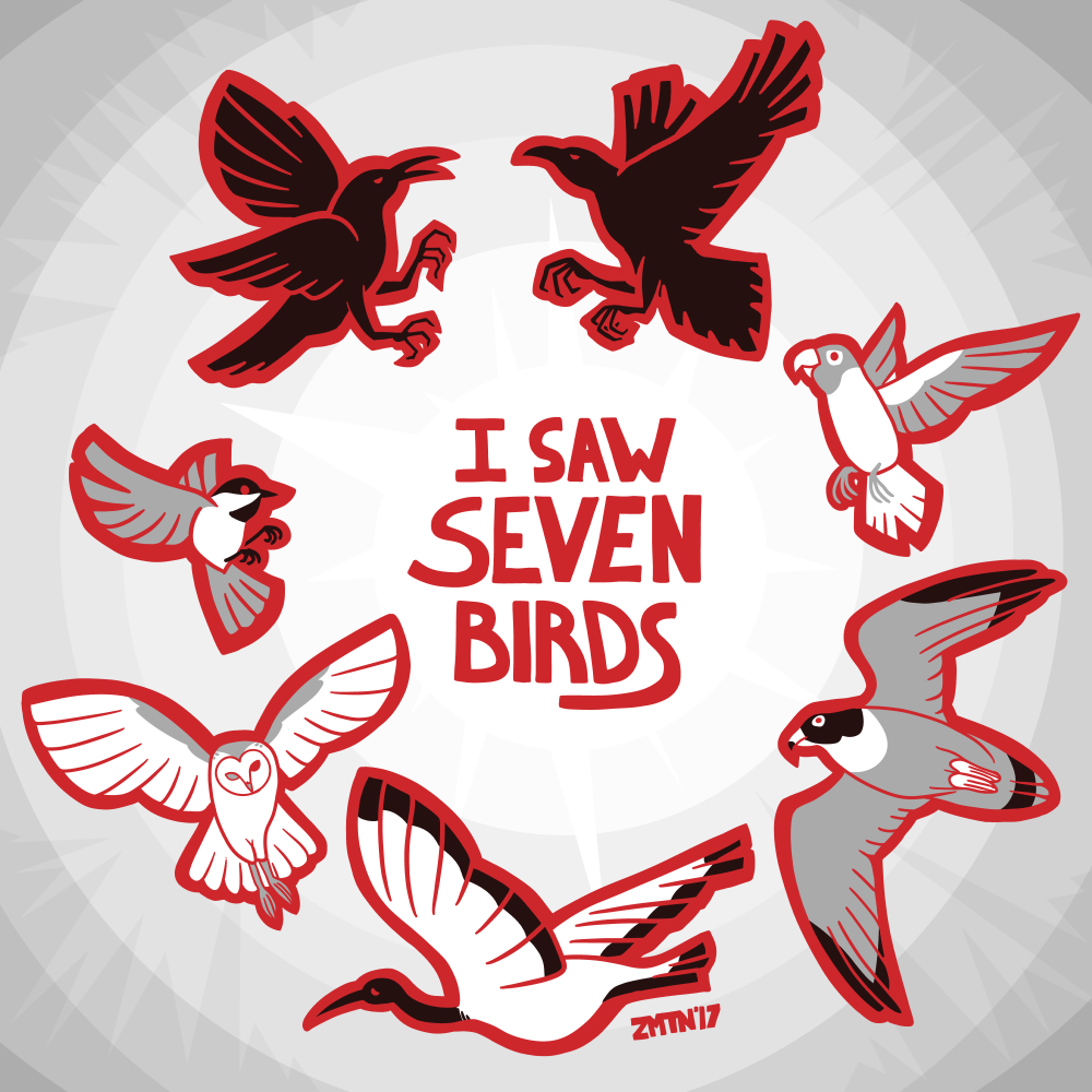 A grey illustration with red outlines of seven birds: two crows, one lovebird, one chickadee, one owl, one hawk, one ibis. They circle text that reads "I saw seven birds".