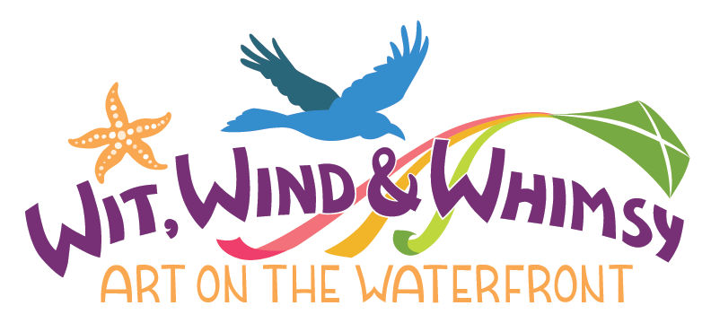 Illustrated text reading "Wit, WInd & Whimsy: Art on the Waterfront". The text is framed by a starfish, a bird and a kite.